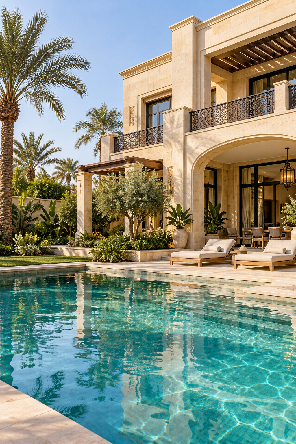 Modern home and sunlit swimming pool